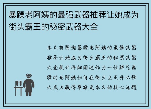暴躁老阿姨的最强武器推荐让她成为街头霸王的秘密武器大全