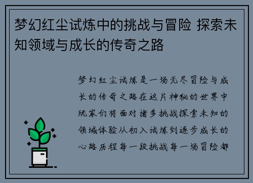 梦幻红尘试炼中的挑战与冒险 探索未知领域与成长的传奇之路